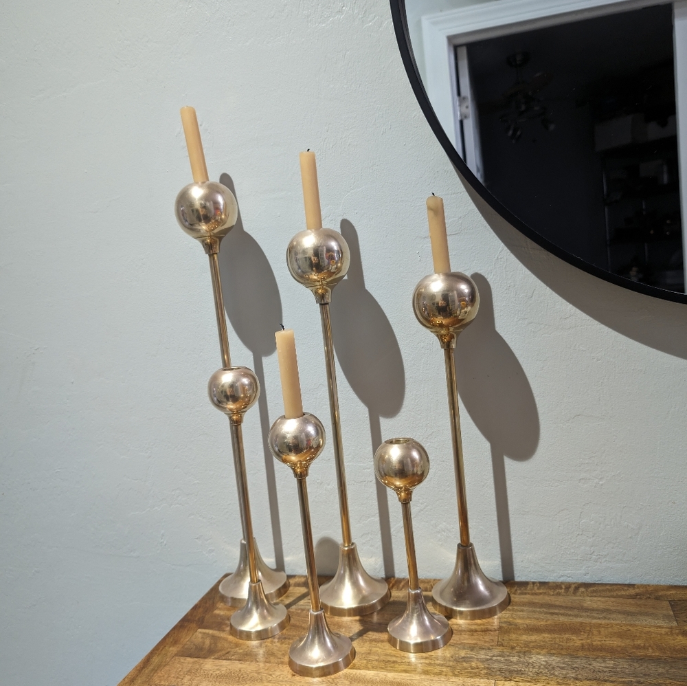 Set of XLarge Graduated Brass Candlesticks/Mid Century Modern Brass Candlestick